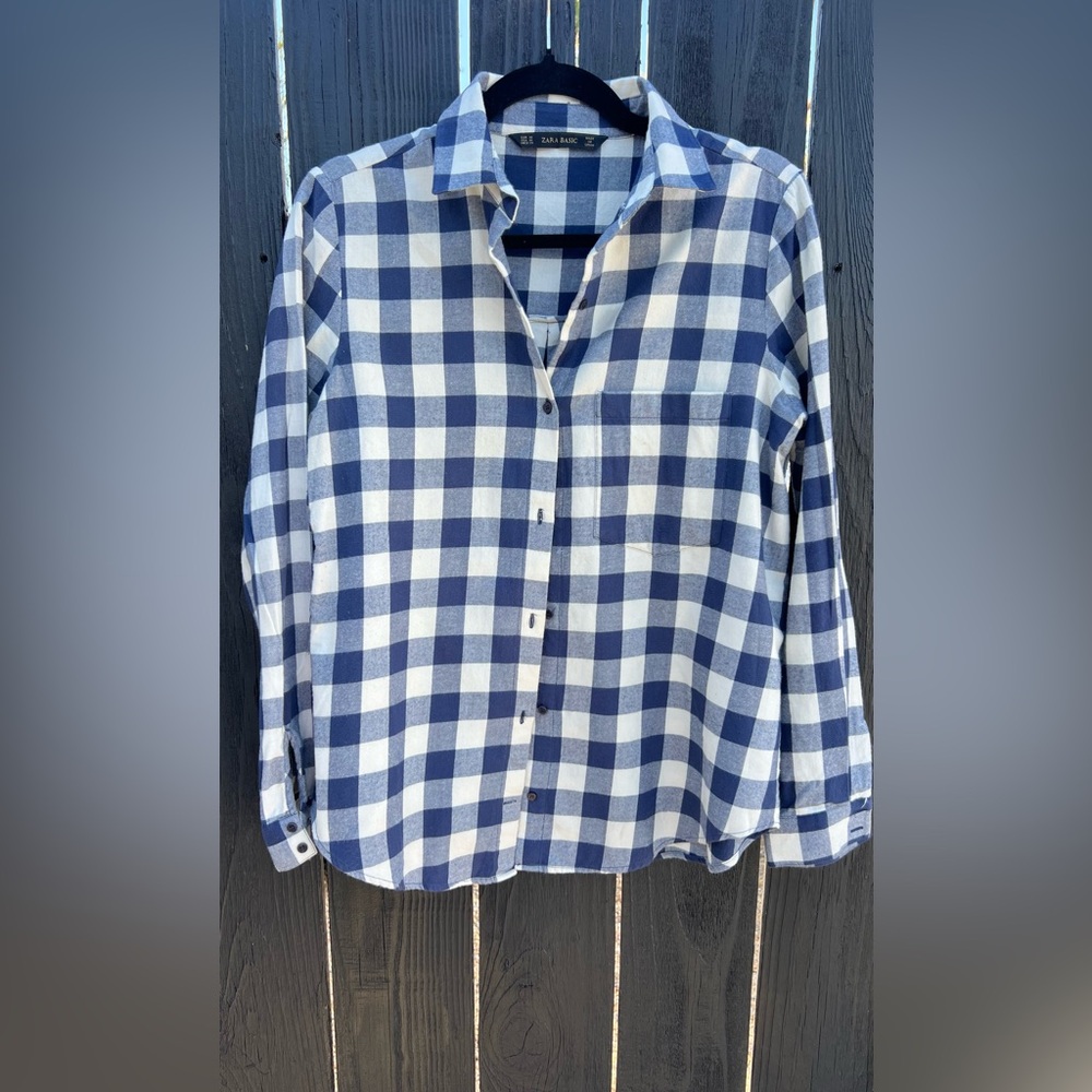 Zara Navy and White Plaid Button-Down Shirt